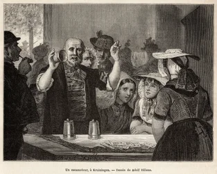 En retraktor, på et vertshus i Kruiningen, lager nummeret sitt foran oppmerksomme tilskuere, gravert etter tegningen av Adolf Dillens, som illustrerer en reise til Zelande (Neerlande), i 1873, av Charles de Coster, publisert i "Le tour du monde ” 1874, red