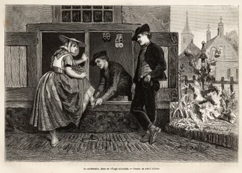 En skomaker i en landsby i Zeland får en ung kvinne til å prøve en sko akkompagnert av en ung mann, gravering etter tegningen av Adolf Dillens, som illustrerer en reise til Zelande (Neerlande), i 1873, av Charles de Coster, publisert i "Le tour du monde» 1