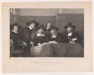 De Staalmeesters: høyskolen for stålmestere (waarijns) til Amsterdams klesmakerlaug De Staalmeesters, etter Rembrandt / Premium plate der Kunstkronijk, Sixteenth Volume (1854) (tittel på objekt)