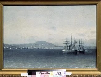 Russisk-tyrkisk (russisk tyrkisk) krig 1877-1878: ""Byen Theodosia (eller Feodosiya) på Krim bombardert av den tyrkiske flåten i 1878"" (Den tyrkiske flåten bombet byen Feodosiya i 1878) Maleri av Adolf Fessler (1826-1885) 1878 Stat Tretyakov G
