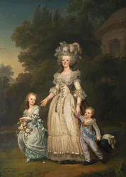 Dronning Marie Antoinette av Frankrike og to av hennes barn på spasertur i parken ved Trianon, 1785