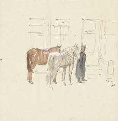 Mann med to hester foran en bygning