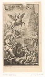 Allegorisk scene med kvinneskriving, byster, Pegasus og Apollo Tittelside for: Cornelis Sweerts, Poetiske symboler, 1736