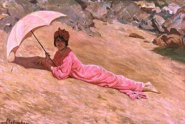 Jente som ligger på stranden med en rosa parasoll (olje på lerret)