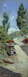 Road in hills av Adolfo Belimbau (1845-1938), olje på panel, 23x9 cm