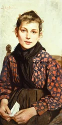 Sittende jente av Adolfo Belimbau (1845-1938), olje på lerret, 71x37 cm