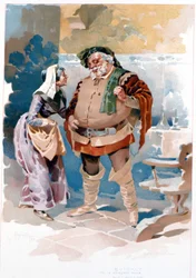 Akt III i operaen av Giuseppe Verdi "" Falstaff "": Falstaff og raskt ("Du forhekser dem alle ..."). Illustrasjon av Hohenstein. La Scala teatermuseum, Milano 1893