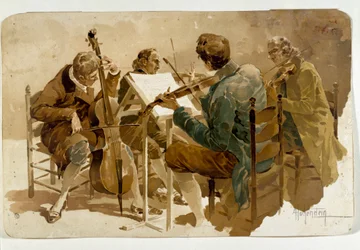 Fire musikere Tre fiolinister og en cellist. Plakat av Adolfo Hohenstein (1854-1928) Dim. 293x454 cm Privat samling