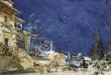 Scenografi av Adolfo Hohenstein (1854-1928) for premiere på Zanetto, opera av Pietro Mascagni (1863-1945)
