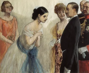 Presentasjon av en dame til Alfonso (Alphonse) XIII av Spania (1886-1941). Maleri av Adolfo Lozano Sidro (1872-1935), olje på lerret. Privat samling.