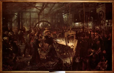 Metallurgi: "" Valseverket, arbeid i smia"" Maleri av Adolf Menzel (1815-1905)
