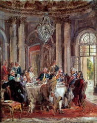 Fredrik II av Preussens (1712-1786) rundebord med Voltaire (François Marie) Arouet de Voltaire (1694-1778) og Christoph Ludwig von Stille (1696-1752) på Sanssouci-slottet