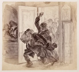 Adam, som har fått juling av Ruprecht, styrter ut av rettssalen, mens Eve og de andre ser på i bakgrunnen, til Heinrich von Kleists «Den knuste krukken»