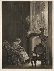 Essay om stein med pensel og skraper: kvinne som leser ved bålet, 1851.