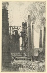 Fabrikkplass med rykende skorsteiner (Königshütte?)