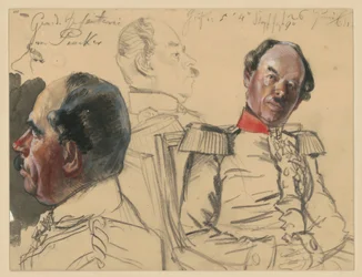 Infanterigeneral Eduard von Peucker, 1. hodestudie, profil mot venstre, 2. brystbilde litt mot høyre, blikket mot venstre, mellom disse to en hodestudie, profil mot høyre, studier av Porzrät til «Kroningen av Wilhelm I i Königsberg»
