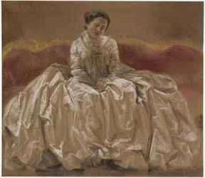 Modellstudie (Menzels søster Emilie) av prinsesse Wilhelmine av Preussen (markgrevinne Wilhelmine av Bayreuth) sittende på sofaen. Forstudie til maleriet «Friedrich den stores fløytekonsert i Sanssouci»