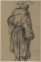 Offiser med frakk og hatt, med stokk i høyre hånd, sett halvt bakfra mot høyre. (Stillingsstudie av Moritz von Anhalt-Dessau)