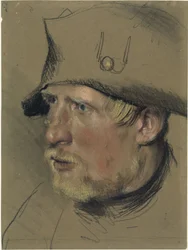 Soldat med blond bart og fippskjegg i trekantet hatt, hodestudie