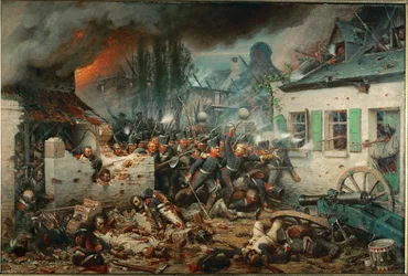 Preussiske tropper stormer landsbyen Plancenoit under slaget ved Waterloo (olje på lerret)