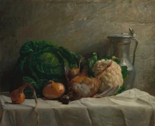 Stilleben med grønnsaker, rapphøne og en kanne, 1858.