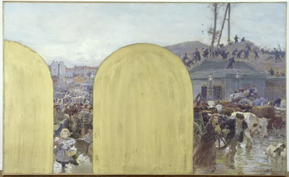 Skisse til kabinettet til prefekten på Hôtel de Ville de Paris: Forstedenes innbyggeres tilbakekomst til Paris: Beleiringen av Paris i 1870, i 1895 (olje på lerret)