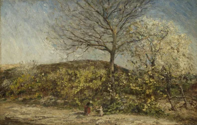 Landskap med blomstrende frukthage