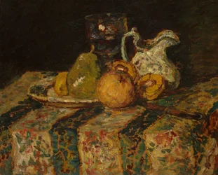 Stilleben med frukt og vinmugge