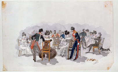 At a ball (At A Ball). Rundt dansegulvet i bakgrunnen sitter kvinner kledd i fancy dress på stoler og prater med offiserer. Maleri av Adolphe Ladurner (1798-1856), akvarell på papir, ca. 1830. Fransk kunst
