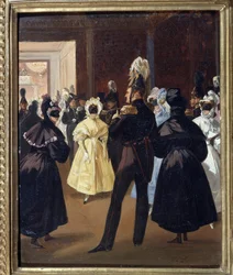 Keiser Alexander I av Russland (1777-1825) på et maskeradeball (keiser Alexander I ved maskeradeballet). Festlig mottakelse av det russiske aristokratiet på 1800-tallet. Maleri av Adolphe Ladurner (1798-1856), olje på lerret, ca. 1830. Fransk kunst fra 180