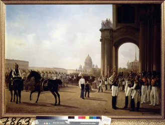 Militærparade på Palace Square i St. Petersburg (Parade på Palace Square i St Petersburg). Maleri av Adolphe Ladurner (1798-1856), olje på lerret