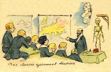 Klasselærer foran skoleelever i uniform, i et rom «muntert dekorert» (geografikart, byste av Marianne og ... skjelett!) i 1900. Tegning av A. Wilette i det illustrerte tillegget til Depeche de Toulouse nr. 41, 12. oktober