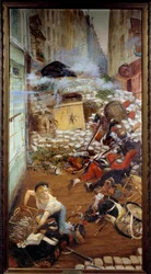 Gavroche har barrikaden Illustrasjon av "The Miserables" av Victor Hugo (1802-1885). Maleri av Adolphe Willette (1857-1926) Paris fra 1800-tallet, huset Victor Hugo