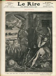 Illustrasjon av Adolphe dit Willette (1857-1926) for omslaget til Le Lire, 06/06/14 - “” Helas, store Albert Durer, du hadde spådd at Tyskland ville bli et land med mørke brutter! “” - Melancolia - Krig, Tyskland Preussen - Durer