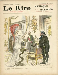 Illustrasjon av Adolphe dit Willette (1857-1926) for omslaget til Le Rire, 22/02/13 - Republikkens president, hatt, Elysee, lenestol (symbol på makt) - Poinscare Raymond