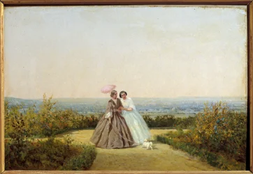 Kvinner i hagen. Maleri av Adolphe Potemont (1828-1883)
