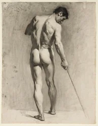 Figurstudie av en mannlig nakenmodell med stokk, ca. 1910-12
