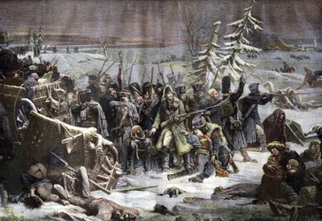 Marskalk Michel Ney (1769-1815) på retrett fra Russland i 1812. Gravering etter Yvons maleri.