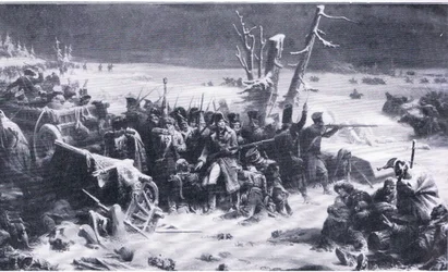 Marshal Ney støtter bakvakten under retretten fra Moskva, illustrasjon fra Landmarks in European History utgitt av Gresham Publishing Co, ca. 1920 (litho)