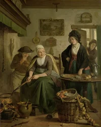 Kvinne baker pannekaker Gammel kvinne lager pannekaker