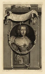 Elisabeth Stuart, dronning av Böhmen, kurfyrst av Pfalz, kone til Frederick V, vinterkongen. Elisabeth, Reine de Boheme. I kjole med ganske oppskårne ermer, blondekrage med perler. Vignett av kvinne som grubler over en falt krone. Kobberstikk