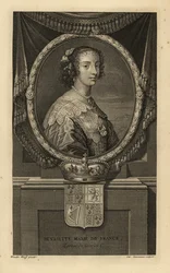 Henrietta Maria av Frankrike, kone til kong Charles I av England. Henriette Marie de France. I kjole med blondekrage, perlekjede. Med krone og våpenskjold. Kobberstikk av Charles Simonneau etter Adriaen van der Werff fra Isaac de Larreys H