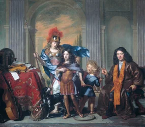 Allegorisk gruppeportrett av De Bordes-familien med Minerva Allegorisk gruppeportrett, sannsynligvis som viser Anthony de Bordes sr. som overlater sønnen Anthony i Minervas varetekt