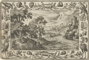 Apostelen Johannes på Patmos Landskap med bibelske, mytologiske scener og jaktscener (serietittel)