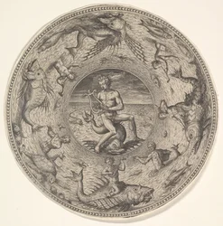 Arion på en delfin omgitt av en grense dekorert med sjødyr, fra et sett med..., 1580-1600.
