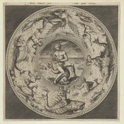 Design for en tallerken med Arion som rir på en delfin i en medaljong avgrenset av sjømonstre..., c1600.