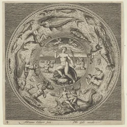 Design for en tallerken med Galatea på et skjell flankert av trompetister i en medaljongkant..., c1600.