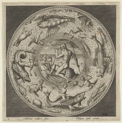 Design for en tallerken med Neptun i et skjell tegnet av hester i en medaljong avgrenset av ..., c1600.