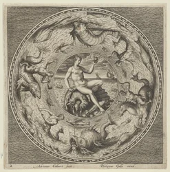 Design for en tallerken med Thetis på et skjell i en medaljong omkranset av sjømonstre, c1600.