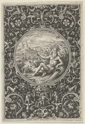 Neptun i en dekorativ ramme med grotesker, fra dommen i Paris, c1580-1600.